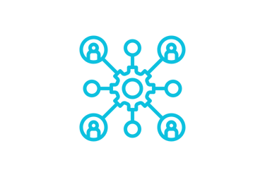 Blue line icon showing people connected to a central gear, representing team management and workflow automation.