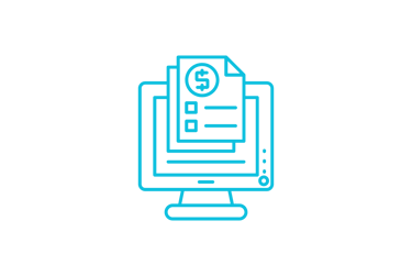 Blue line icon of a computer monitor displaying a digital invoice with a dollar sign for online billing.