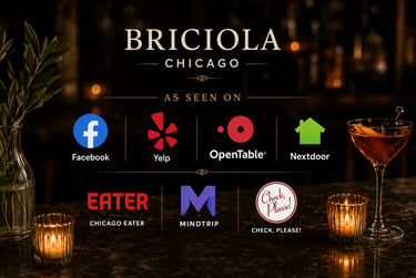 Briciola Chicago restaurant logo displayed with review site icons like Yelp, Eater, and OpenTable.