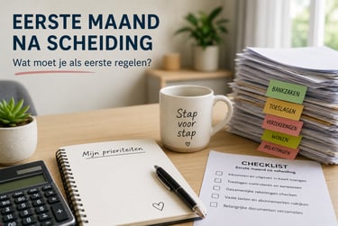 Financiële checklist en notitieblok voor het regelen van zaken in de eerste maand na een scheiding.