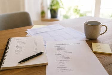Dutch financial checklist for divorce with budget notebook and coffee on a wooden desk.