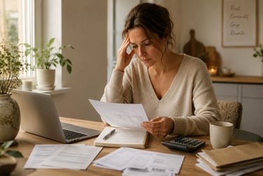 Stressed woman managing home finances and bills with a laptop and calculator at her desk.