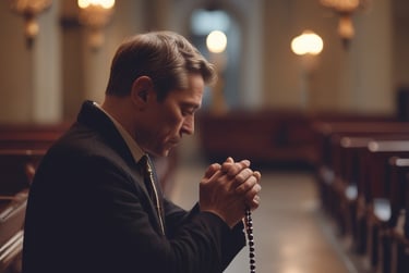 a man in a suit and tie is holding a rosary