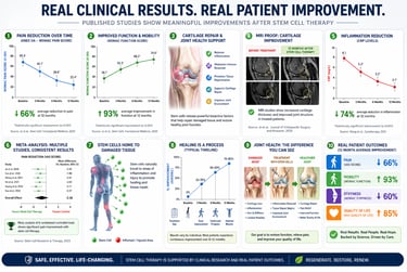 Infographic showing clinical study results of stem cell therapy for joint pain relief and cartilage repair.