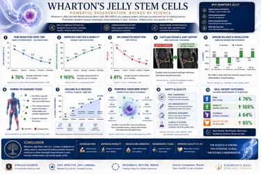 Infographic on Wharton's Jelly Stem Cells, illustrating their powerful regenerative potential backed by scientific research