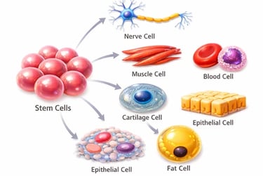 Diagram showing stem cells differentiating into nerve, muscle, blood, cartilage, epithelial, and fat cells.