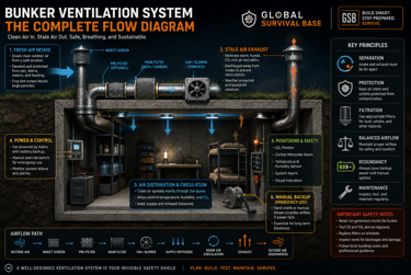 A detailed bunker ventilation system diagram showing fresh air intake, HEPA filtration, and stale air exhaust for an