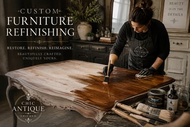 Professional furniture refinisher applying wood stain to a vintage wooden table in a workshop.