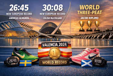  highlighting European records by Andreas Almgren (26:45) and Eilish McColgan (30:08) and Jacob Kiplimo’s world three-peat