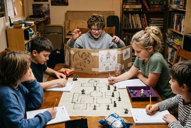 Crianças jogando um jogo de RPG de mesa Dungeons and Dragons com miniaturas e dados ao redor de uma