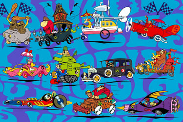 Personagens de Corrida Maluca e seus carros de desenho animado exclusivos competindo contra um fundo