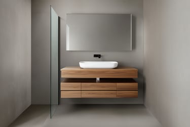 Modern bathroom sink in floating wood with white washbasin and large rectangular mirror.