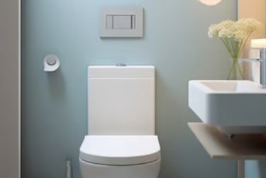 Modern open-plan bathroom with industrial concrete ceilings, green floors, and ergonomic workstation