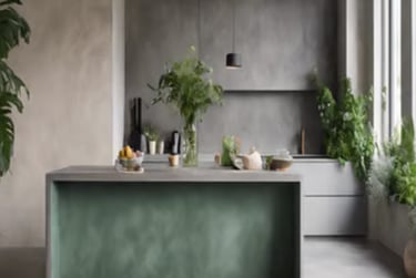 Modern, minimalist kitchen with green microcement