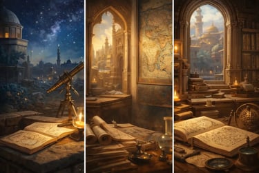 Classical Islamic scholars in a historic library studying astronomy, medicine mathematics Golden Age of Islamic science learn