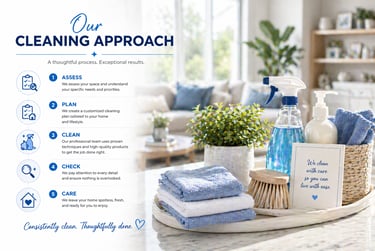 Professional house cleaning process infographic showing spray bottle and supplies in a bright living room.