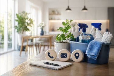 Professional house cleaning service contact icons and spray bottles on a kitchen counter.