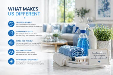 Professional eco-friendly house cleaning supplies and towels on a counter with service benefits listed.