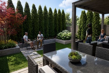 Modern backyard patio with wicker furniture, a glass dining table, and privacy hedges.