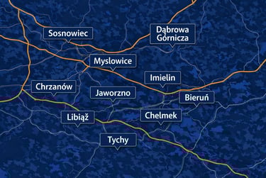 Mysłowice, Sosnowiec, Tychy, Imielin, Dąbrowa Górnicza, Bieruń, Chełmek, Libiąż, Chrzanów, Jaworzno