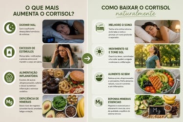 o que aumenta o cortisol baixar cortisol naturalmente sono, alimentação saudável, redução do estresse, exercícios e magnésio