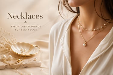 Elegant woman wearing layered gold and pearl necklaces for a sophisticated jewelry collection display.