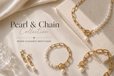Gold chain and pearl jewelry collection featuring a necklace, bracelet, and earrings on a textured stone surface.