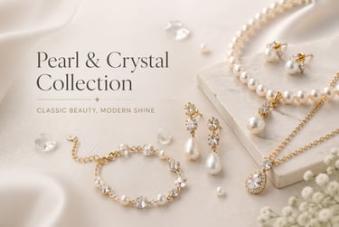 Elegant gold pearl and crystal jewelry collection featuring a necklace, earrings, and bracelet on silk.