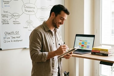 Homme souriant à son bureau ajustable, utilisant un ordinateur et un tableau blanc pour planifier sa
