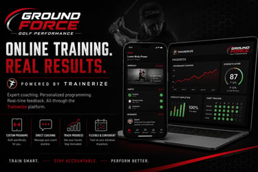 Ground Force Golf Performance online training app interface showing personalized workout progress and strength scores.