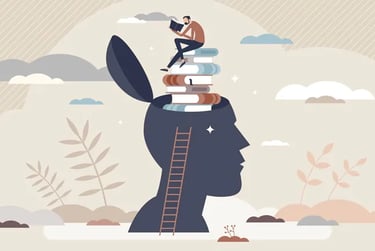 dessin d'une tete remplie d'une montagne de livre sur laquelle est assis un homme en train de lire.