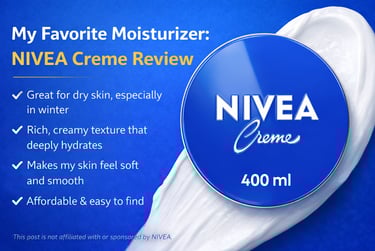 A review of NIVEA Creme moisturizer for dry skin featuring a 400ml blue tin and rich white cream texture.