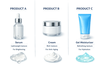Comparison of brightening serum, anti-aging cream, and hydrating gel moisturizer skincare products.
