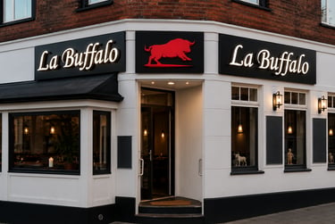 Premium illuminated restaurant signage design for La Buffalo featuring modern outdoor branding and luxury facade advertising.