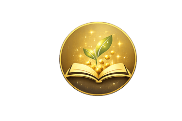 Golden book icon with green leaves and glowing coins, representing financial growth and education.