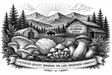 Vintage mushroom farm logo for Little Buffalo Mushroom Company with mountains and forest.