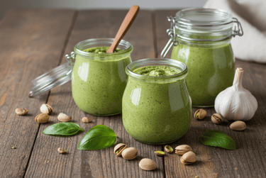 Homemade pistachio basil pesto in glass jars with fresh garlic and nuts on a wooden table.