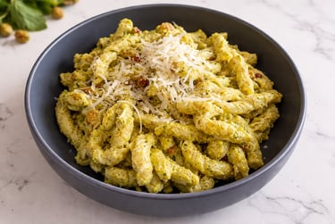 A bowl of fresh pesto pasta topped with grated parmesan cheese on a marble surface.