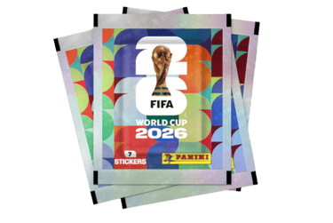 Three Panini FIFA World Cup 2026 sticker packets featuring the official trophy and logo.