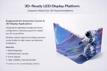 Naked-eye 3D LED display platform showing an astronaut visual on a seamless corner screen.