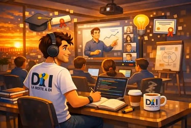 Dam suit une formation en ligne à 19h dans une salle moderne, note et apprend pour lancer son activité, coucher de soleil.