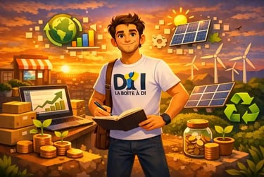 Dam bâtit une activité en ligne durable à 19h, coucher de soleil, croissance régulière, symboles long terme et stabilité.