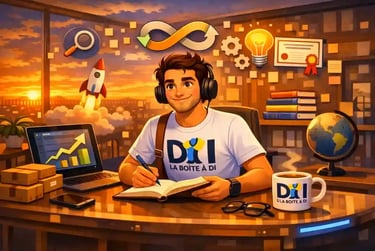 Dam entreprend et apprend en continu à 19h, bureau futuriste au coucher du soleil, livres et outils digitaux, progression.