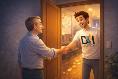 Accompagnement en reconversion numérique après 40 ans, Dam invitant une personne à la visioconférence La Boîte à DI.