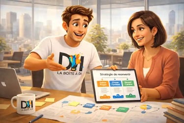 Illustration 3D de Dam conseillant une femme sur la reconversion après 50 ans dans un bureau moderne