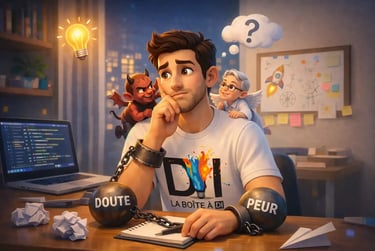 Hésitation avant une reconversion numérique après 40 ans, illustrée par Dam freiné par le doute, logo La Boîte à DI