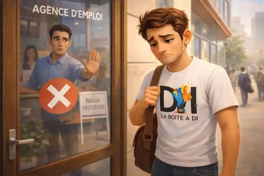 Illustration 3D de Dam refoulé par une agence d’emploi, symbolisant le mythe de la reconversion impossible après 50 ans