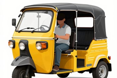 Side view illustration of a yellow auto rickshaw taxi with a driver on a white background.