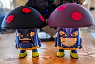 Production versions of Emulab Shrooman LED lights. These have PLA carbon fibre shroom tops.