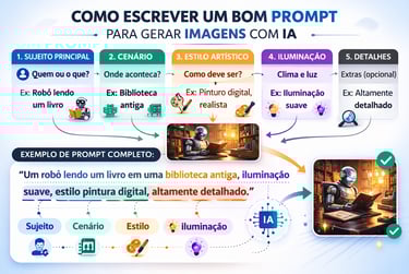 Infográfico explicando como escrever bons prompts para gerar imagens com inteligência artificial.
